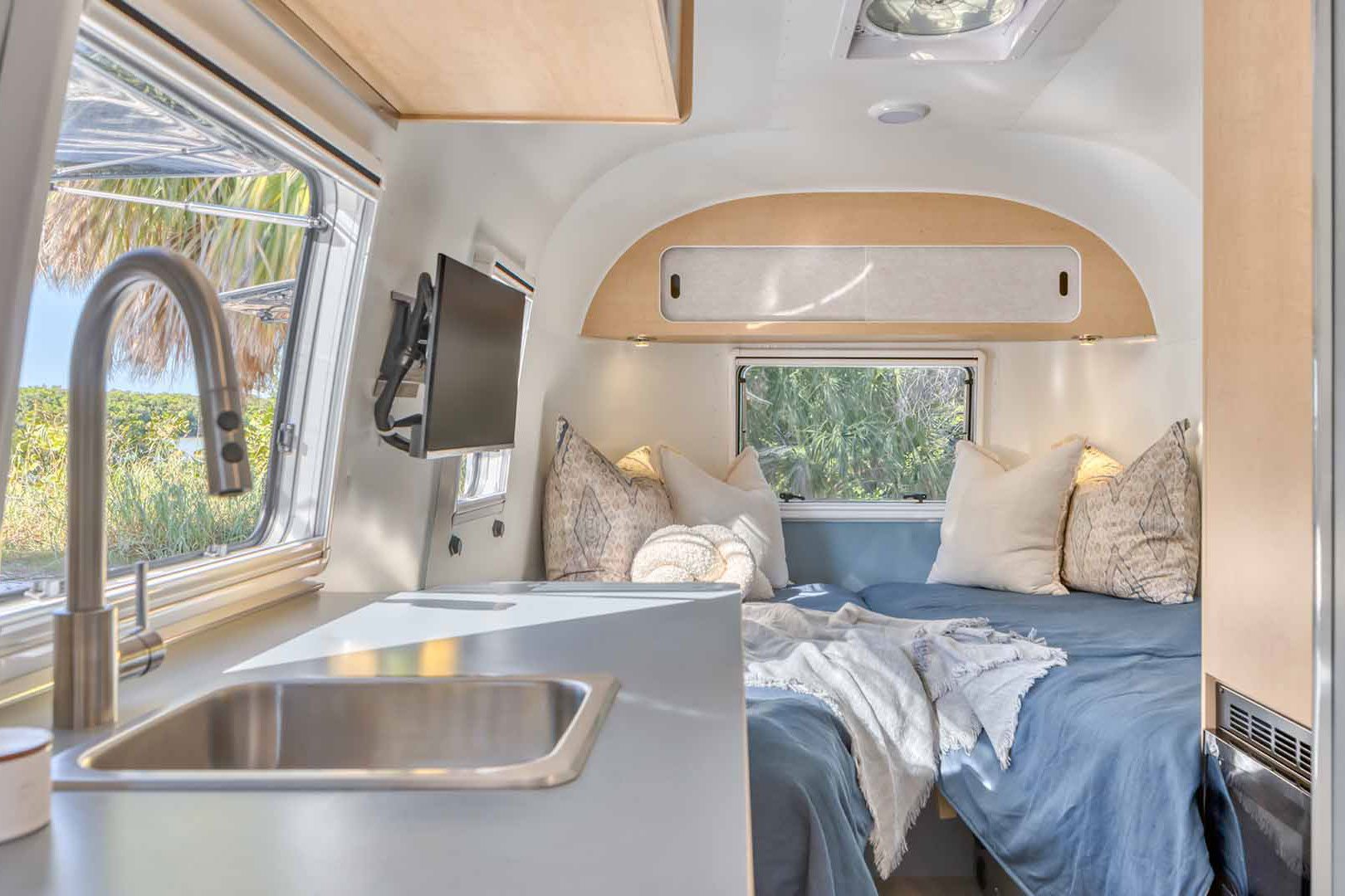 Minimalist interior of a 2026 Airstream World Traveler 22RB travel trailer.