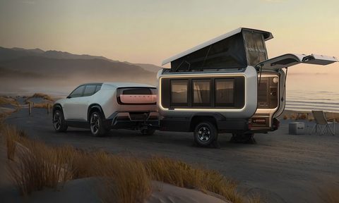 Honda Base Station electric travel trailer prototype parked on a beach.