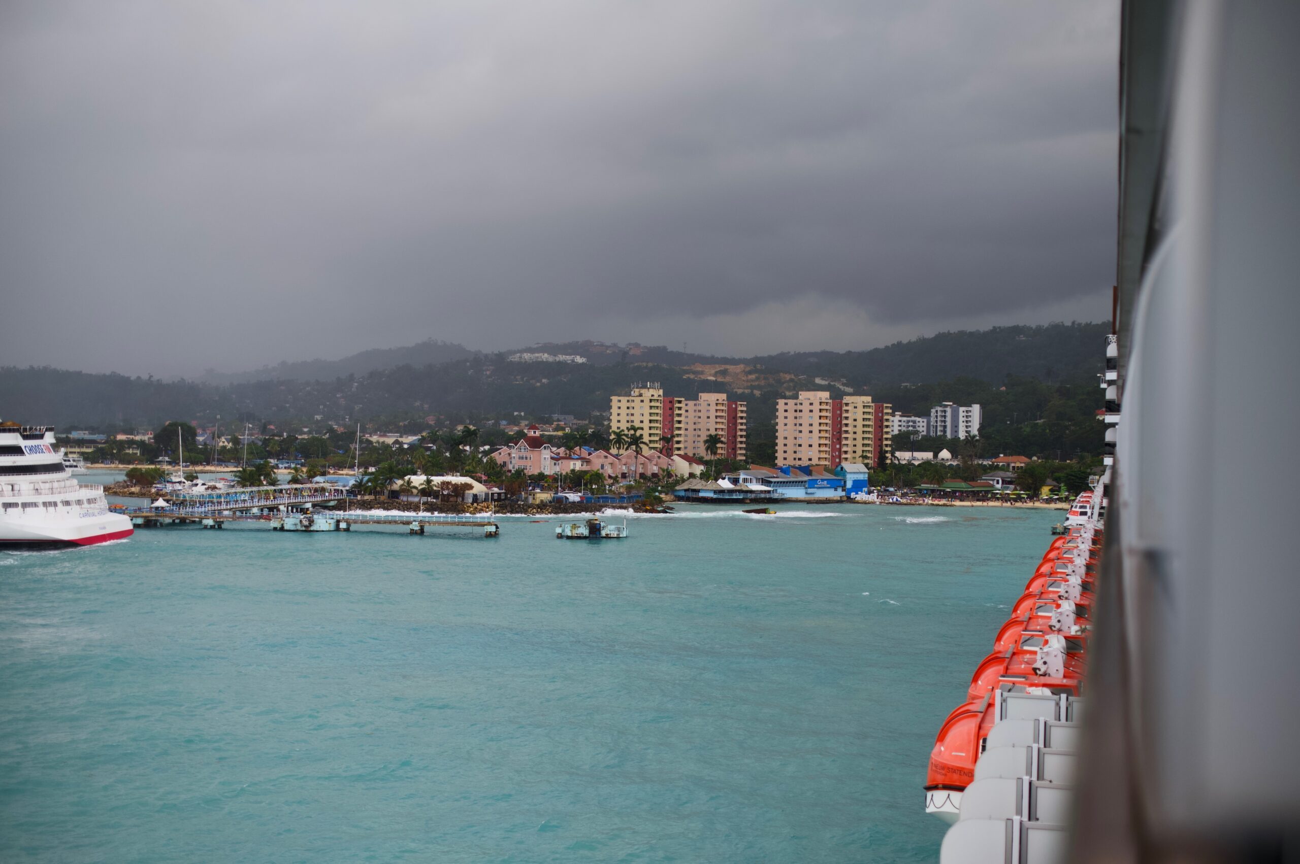 View of a rainy Ocho Rios Jamacia from a vista suite on the Nieuw Statendam.