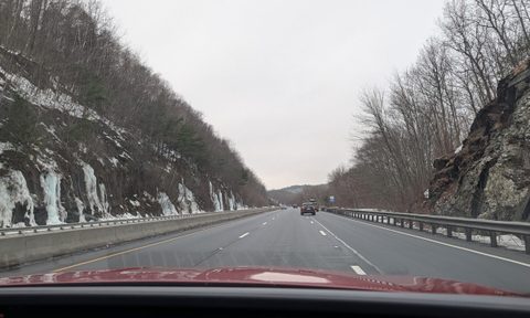 A view of I-90 in Massachusetts from the passenger seat