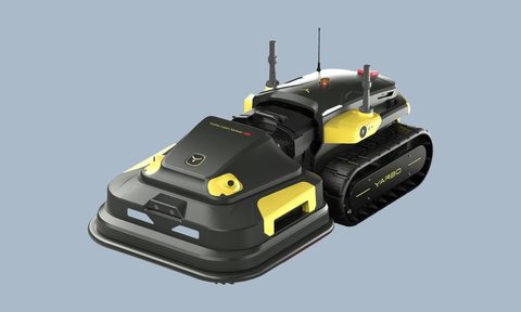 Yarbo black and yellow robot lawn mower against a plain gray background