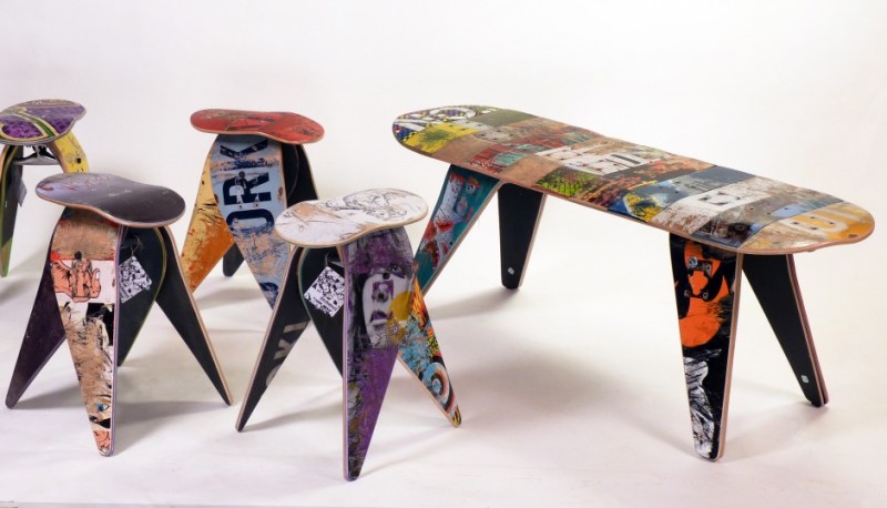 deckstool and deckbench furniture made from broken skateboards