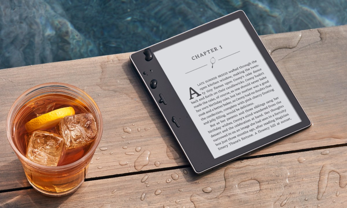 The waterproof Amazon Kindle Oasis beside the pool.