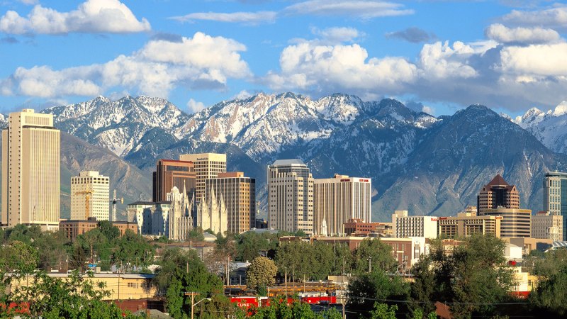 Mountains behind the skyline of Salt Lake City, Utah.