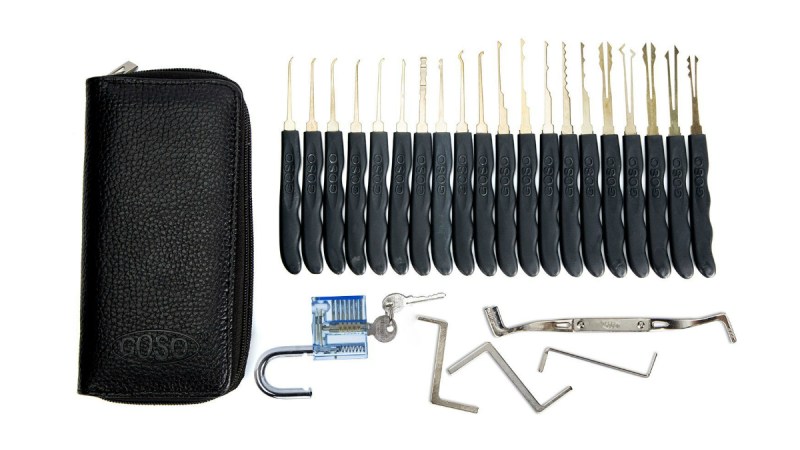 A basic set of lock picking tools on a white studio background.
