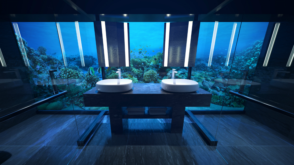 sleep with the fishes at worlds first two story underwater hotel suite conrad rangali undersea guest bathroom 2 hr