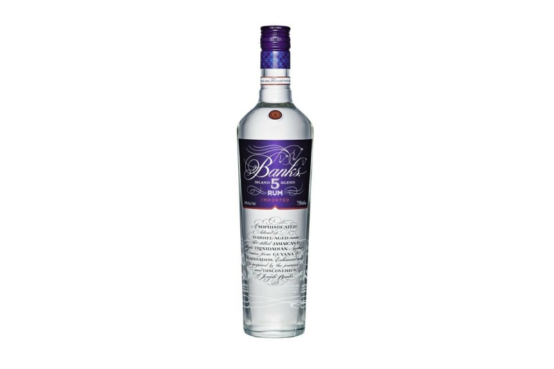 A bottle of Banks 5 Island Rum on white background.
