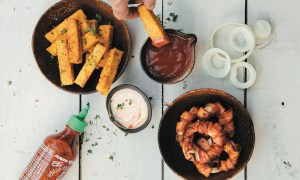 polenta chips and bacon onion rings