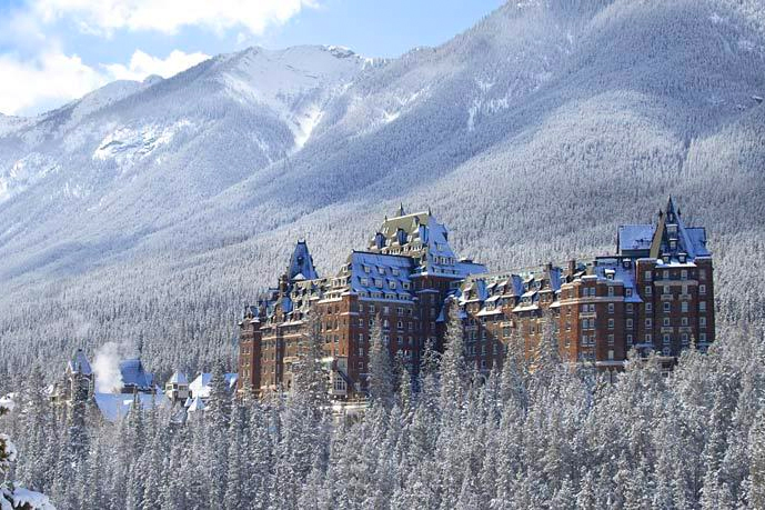 Snowy winter at the Fairmont Banff Springs hotel in Alberta, Canada.