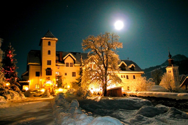 Moon over Hotel Schloss-Thannegg in Gröbminger Land, Austria.