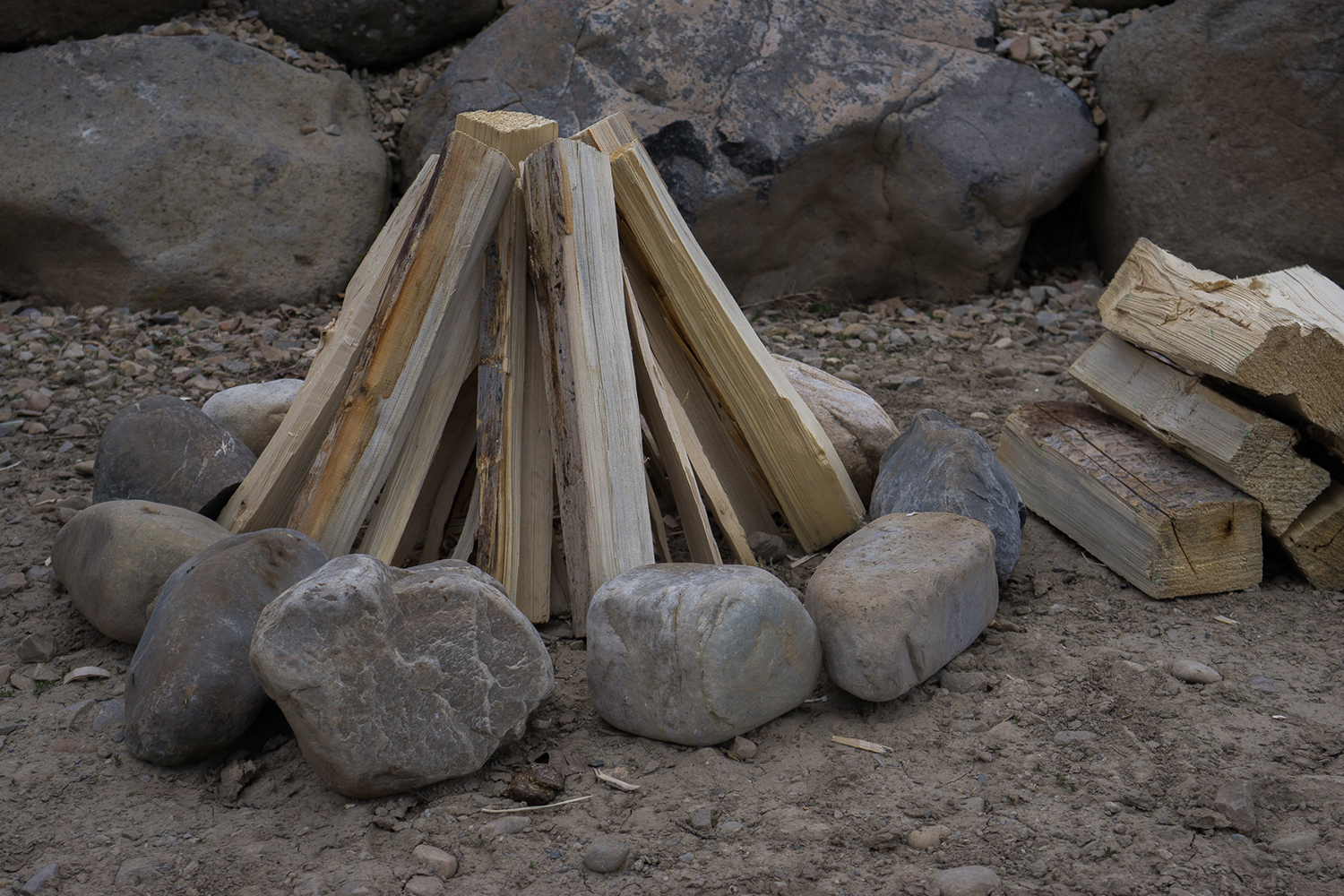 Sticks and rocks in a formation.