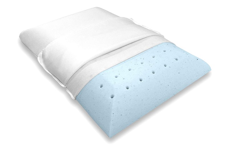 Bluewave's Ultra Slim Gel-Infused Memory Foam Pillow over a white background.