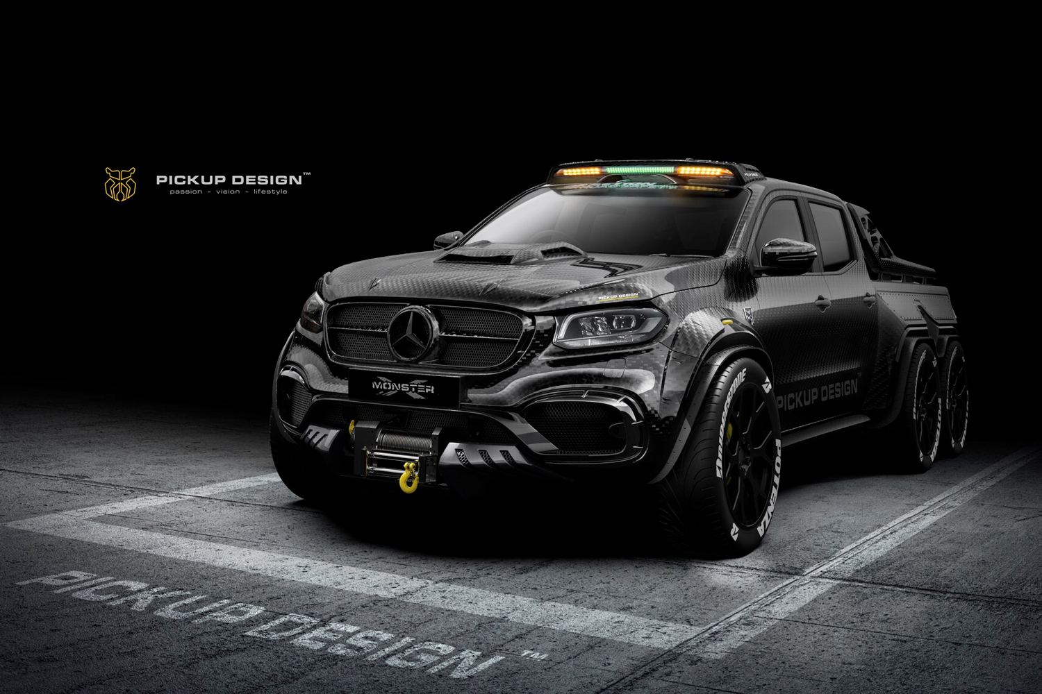 best 6x6 off road trucks mercedes benz monster x carbon fiber exy pickup front view