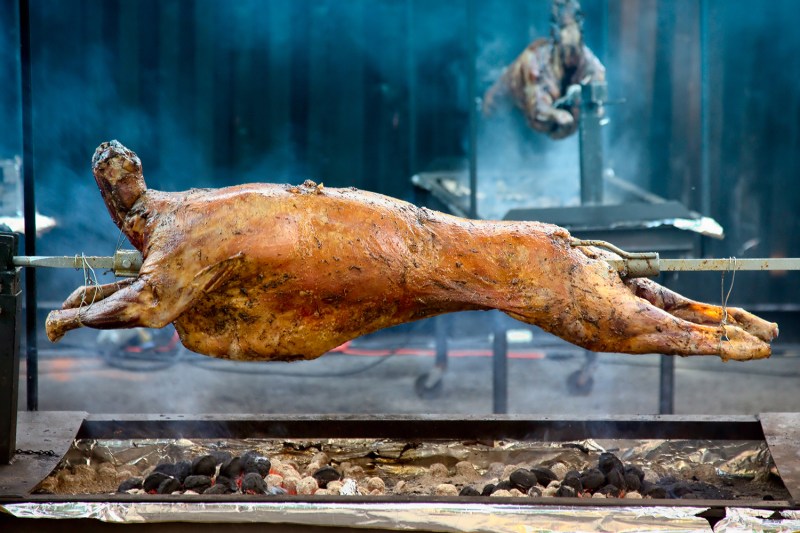 Spit roast lamb.