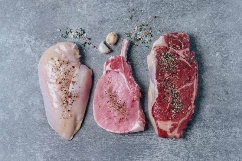 Steak, chicken and pork.