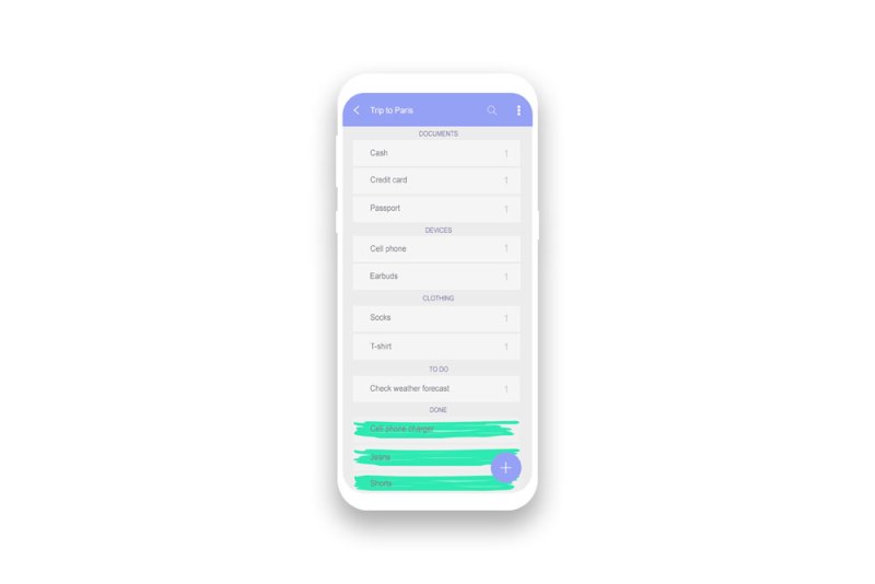 Screenshot of Easy Pack travel packing app.