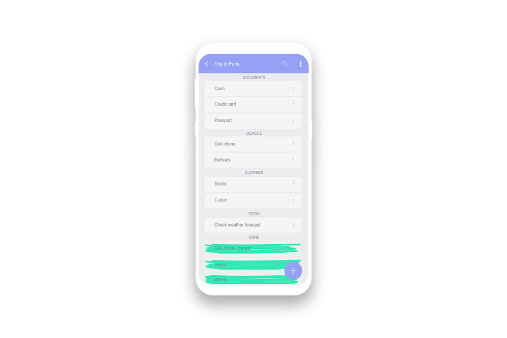 Screenshot of Easy Pack travel packing app.