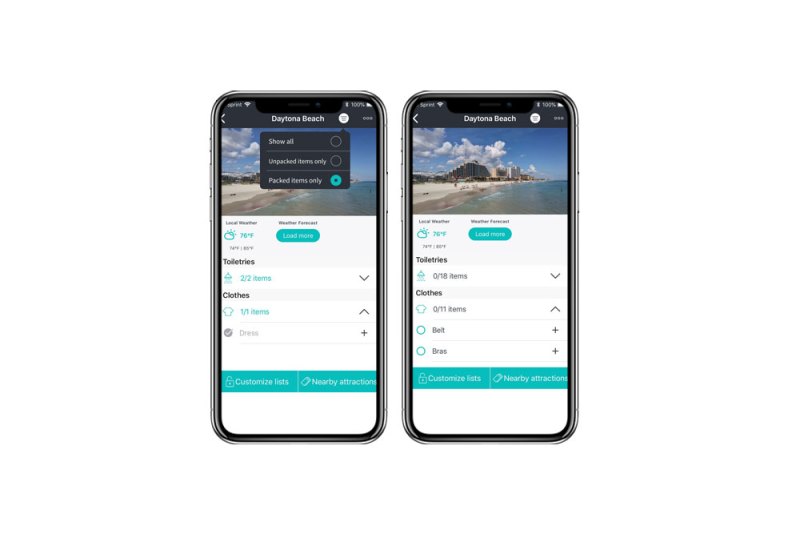 Screenshot of Packr travel packing app.