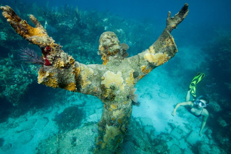 Christ of the Abyss statue at the bottom of the ocean in John Pennekamp State Park in the Florida Keys.
