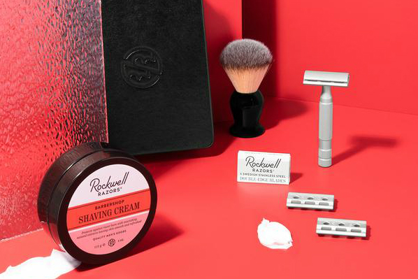 Shaving kit displayed separately on a red background.