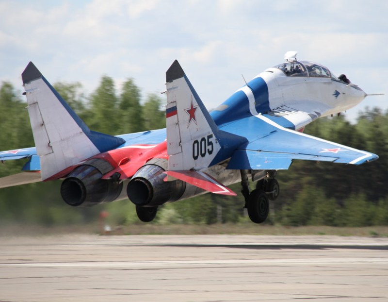 Russian MiG-29 fighter jet taking off.