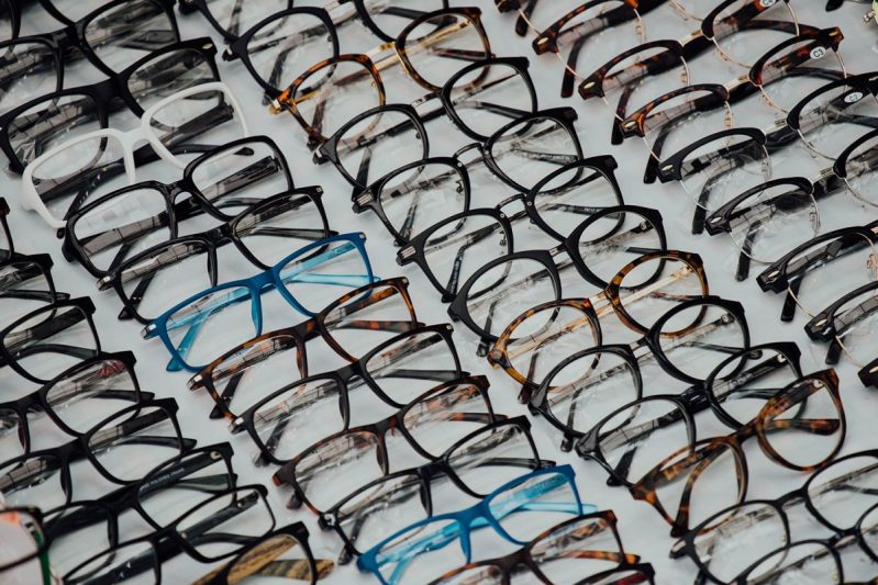 Rows of eyeglasses.
