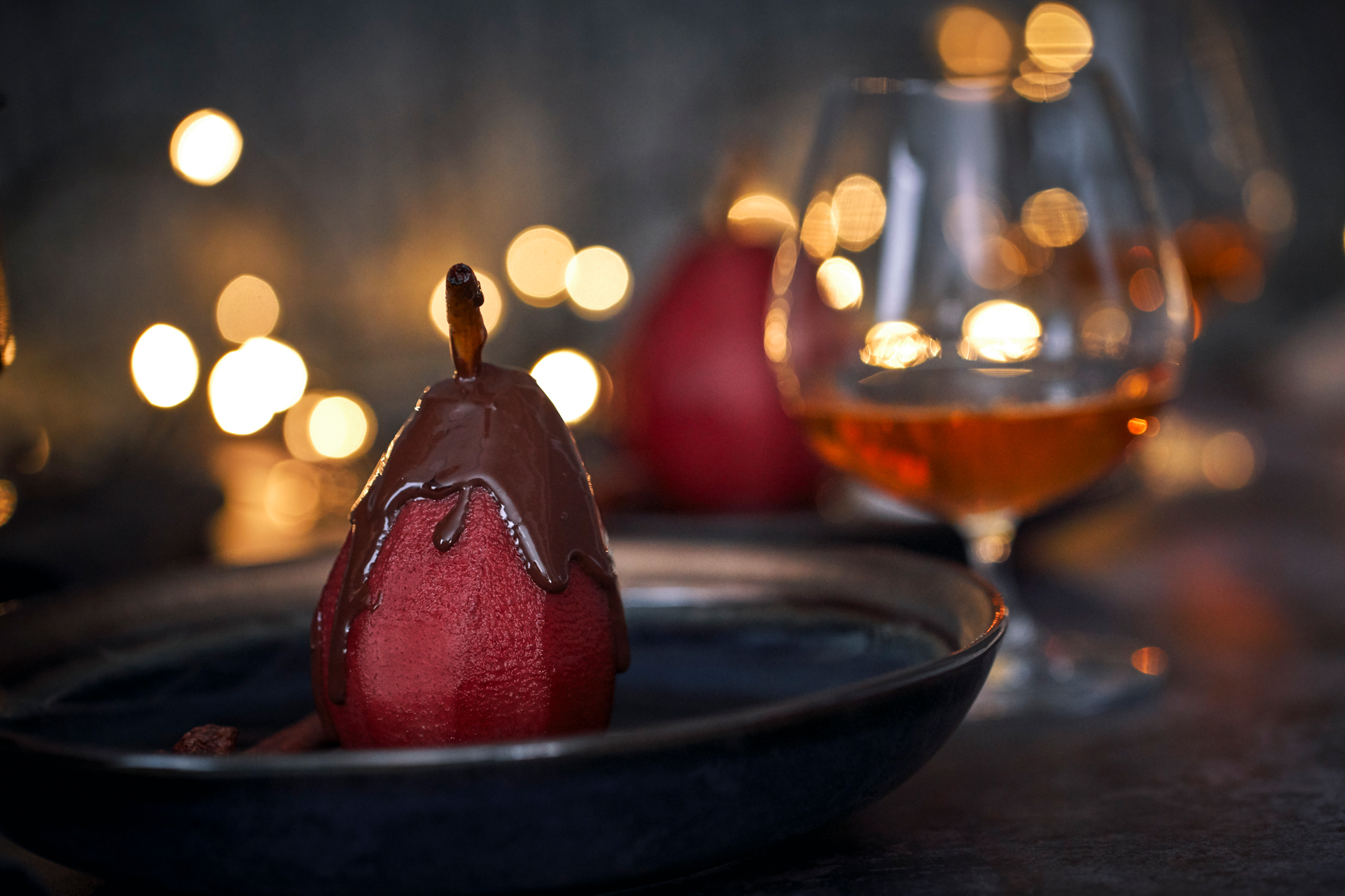 Poached Pears in Red Wine with Dark Chocolate