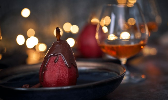 Poached Pears in Red Wine with Dark Chocolate