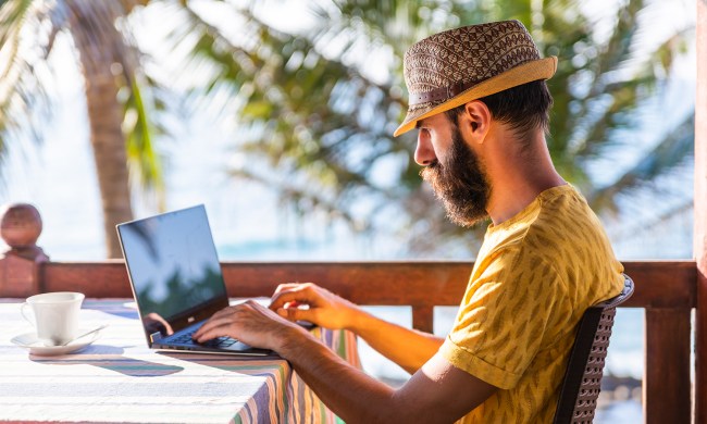 man working on vacation