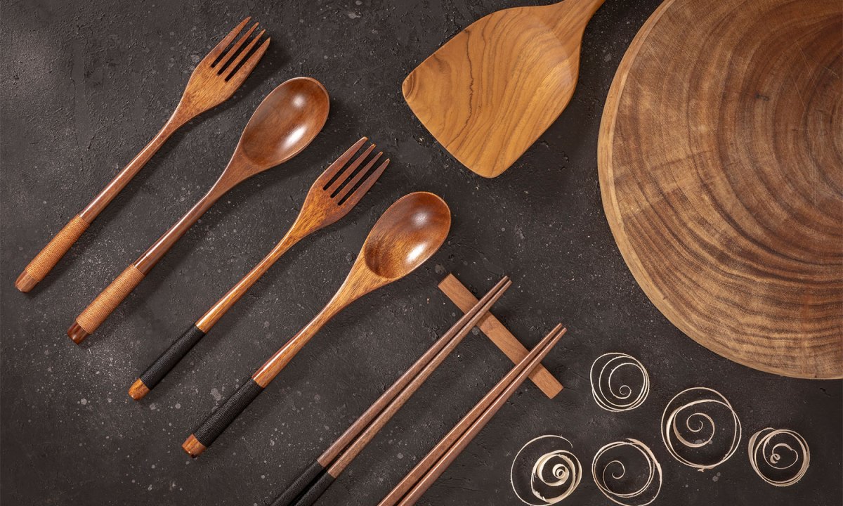 Wood utensils displayed on a counter