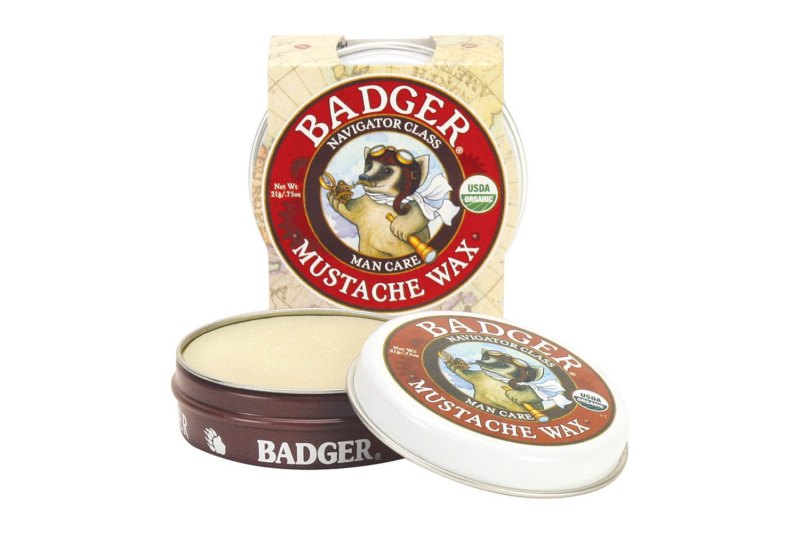 A view of a container of Badger Mustache Wax.