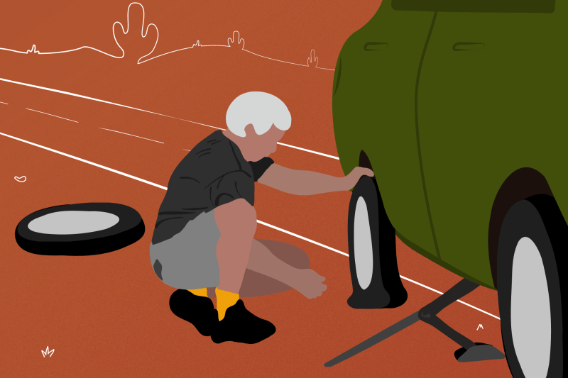 An art that depicts a man changing a flat tire.