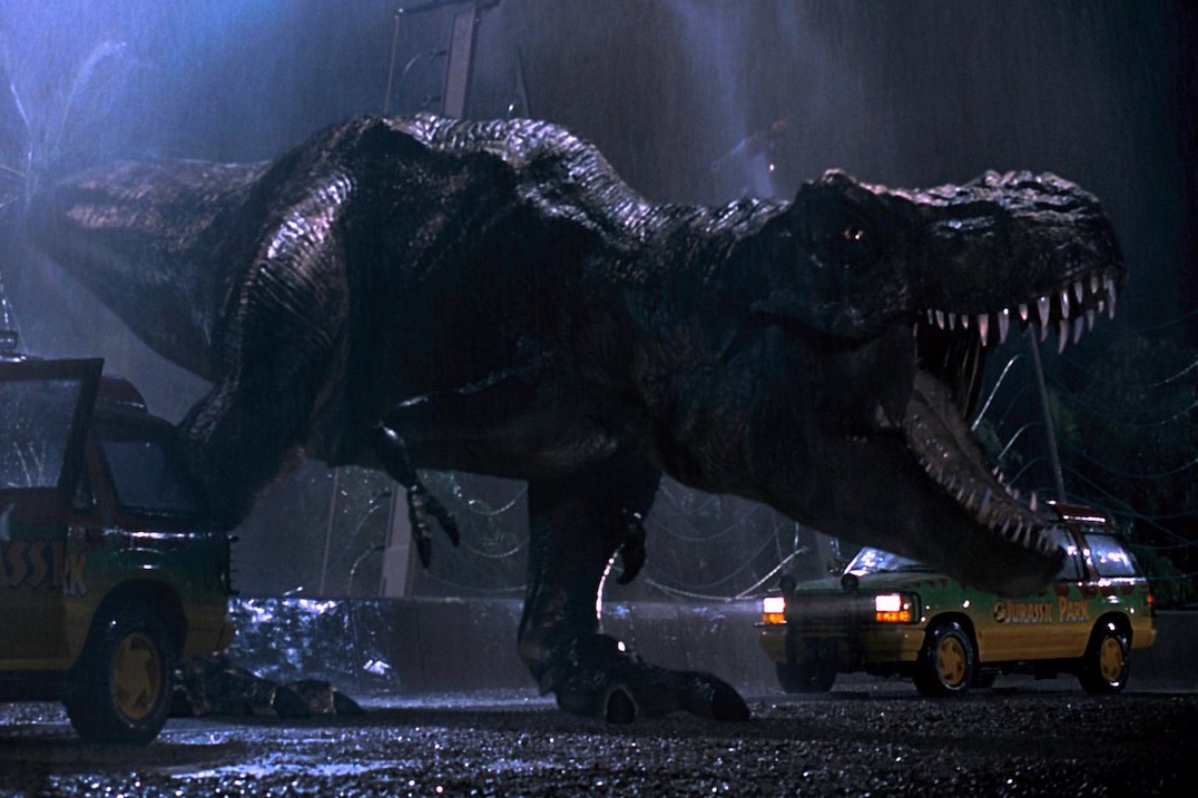 A t-rex roaring in Jurassic Park.