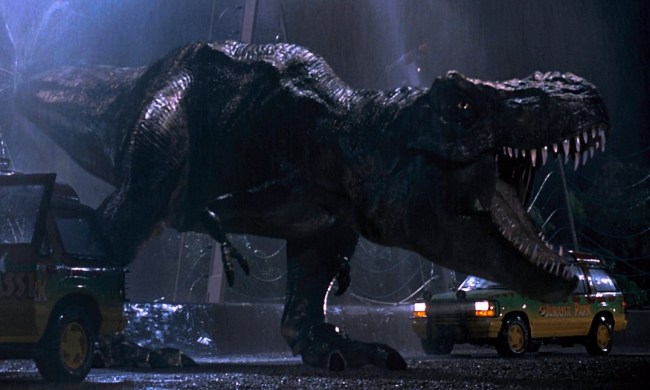 A t-rex roaring in Jurassic Park.