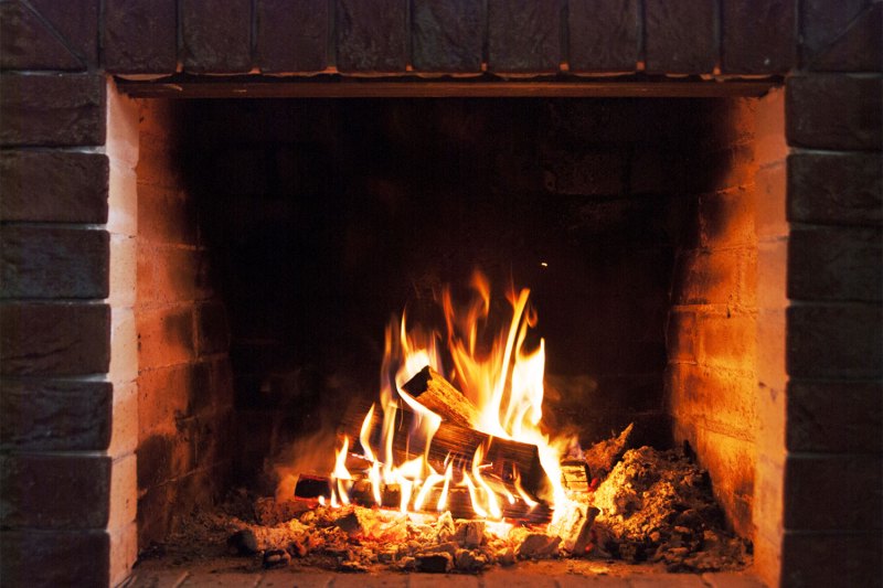 A fireplace burning