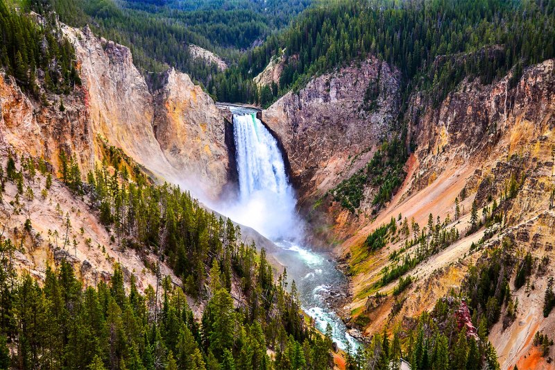 High angle view of large waterfalls in Yellowstone National Park.