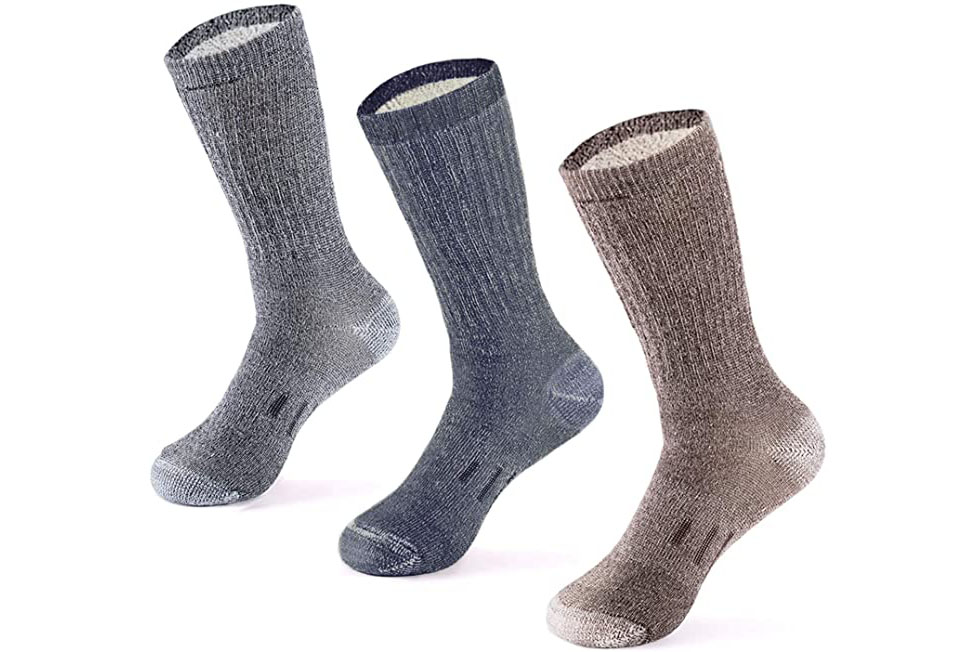 4 Pairs Merino Wool Hiking Socks for Men Warm Thermal Winter Crew Cushion Thick Work Gift Striped Socks 