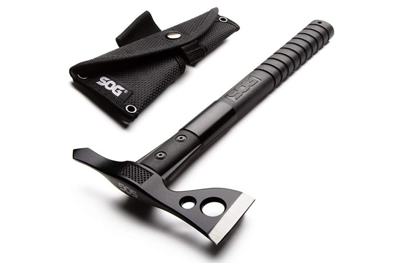 A tactical black SOG Tomahawk throwing axe and case on a white background.