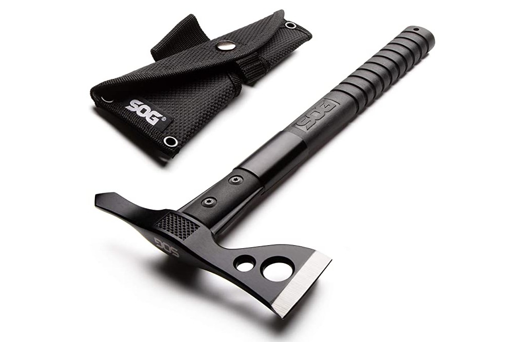 A tactical black SOG Tomahawk throwing axe and case on a white background.