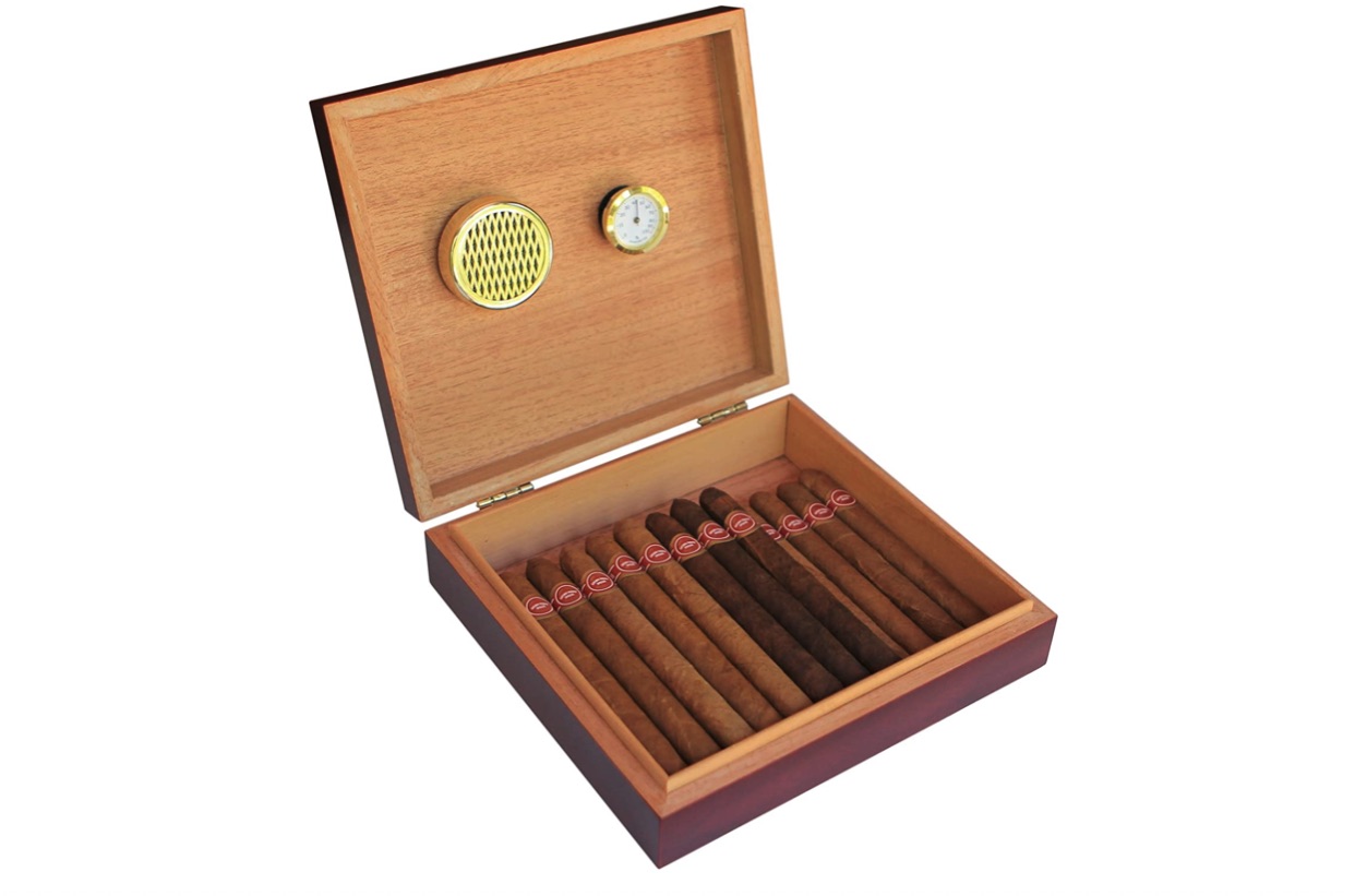 A wooden case full of cigars.
