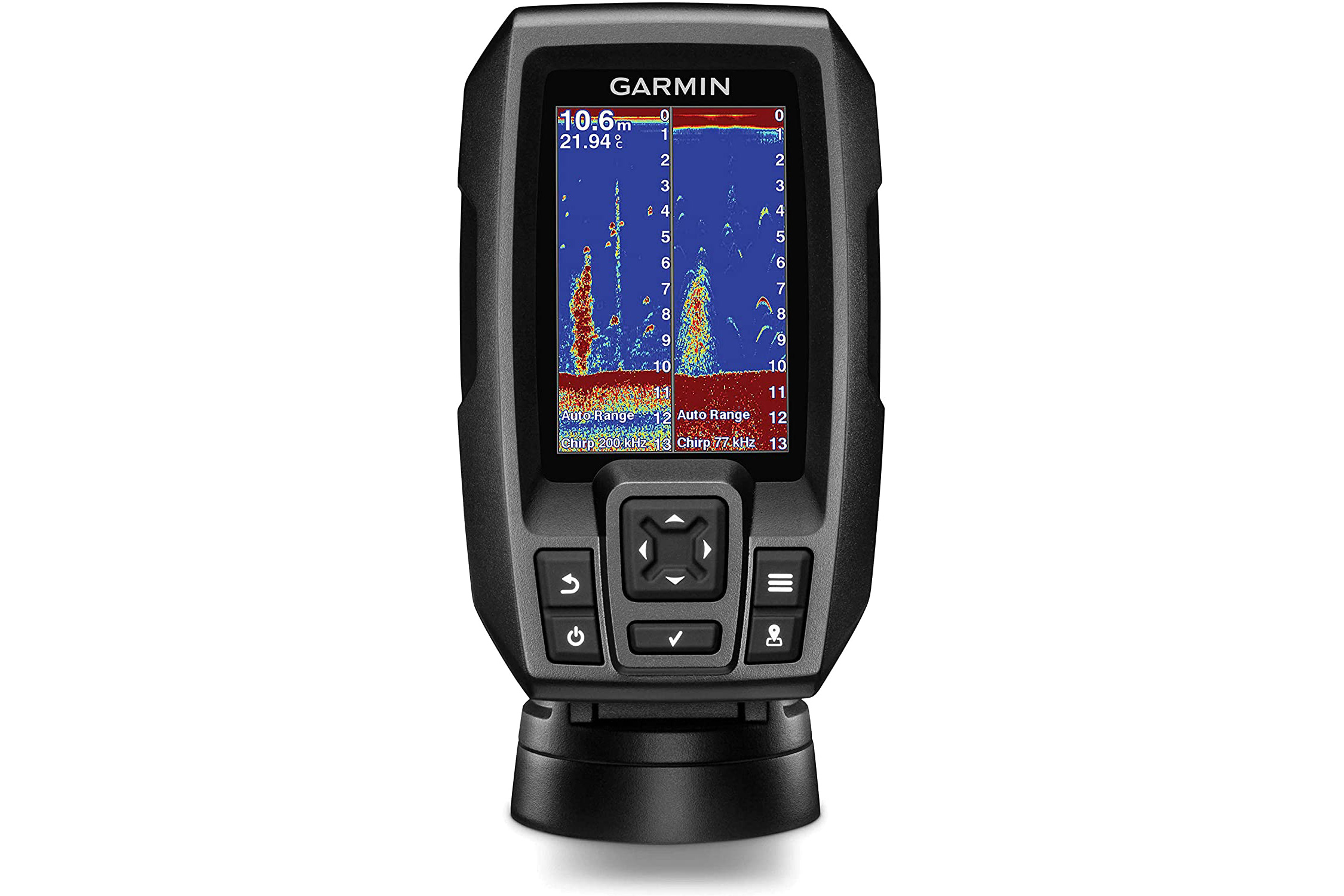 Garmin Striker 4 GPS Fish Finder on a white studio background.