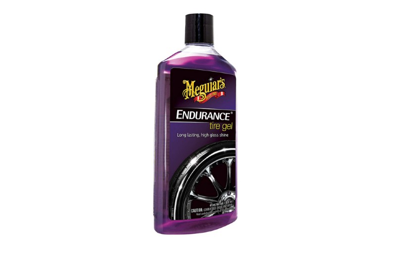 A bottle of Meguiar’s Endurance Tire Gel isolated on a plain white background.