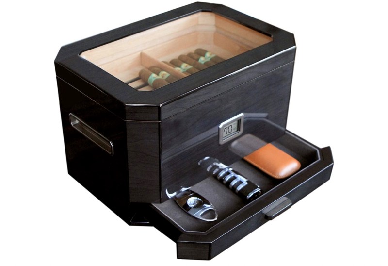 Octodor Black Piano Finish Glass Top Humidor on a white background.