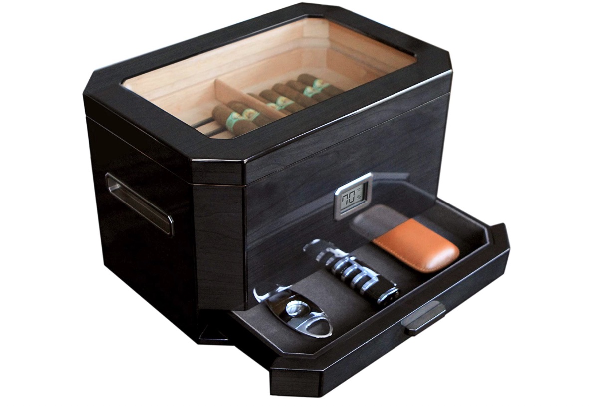 Octodor Black Piano Finish Glass Top Humidor on a white background.