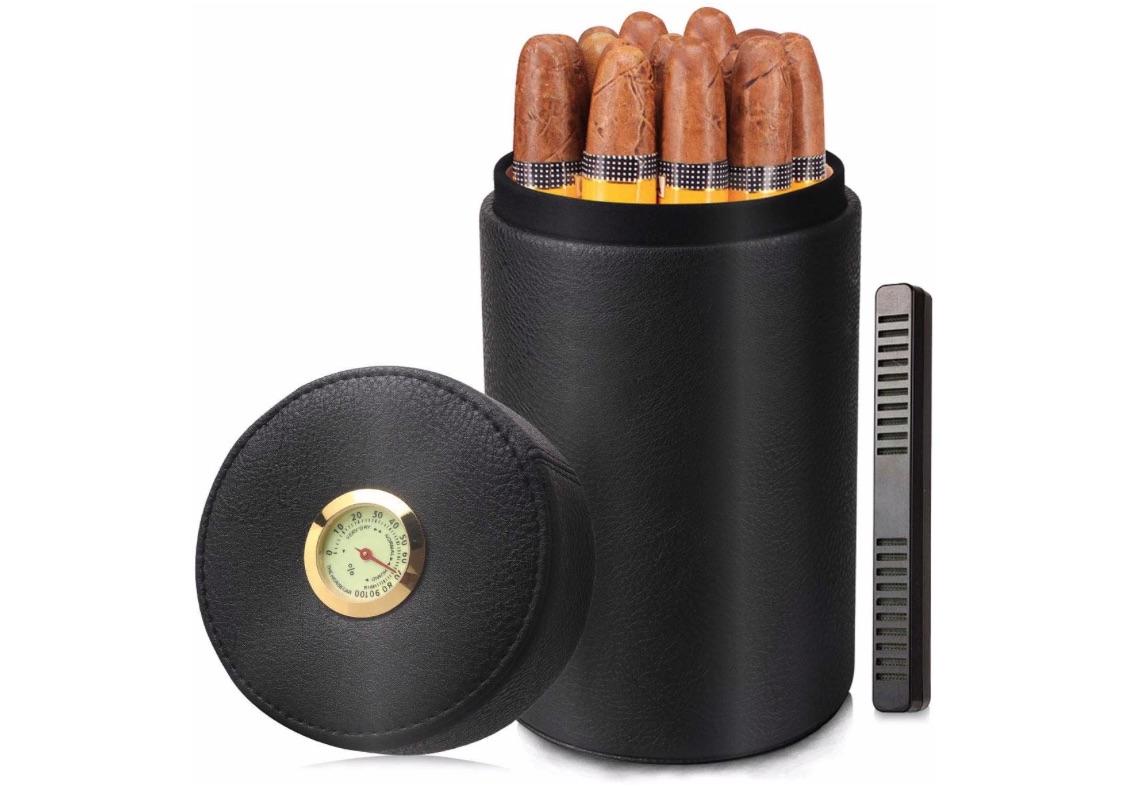 Circular Scotte Leather Portable Humidor filled with cigars.
