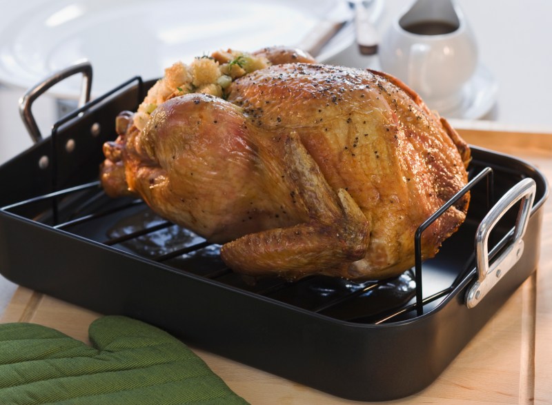 Cooked turkey in a roasting pan displayed on a counter.