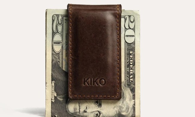 A Kiko leather wallet money clip holding a $20 bill.
