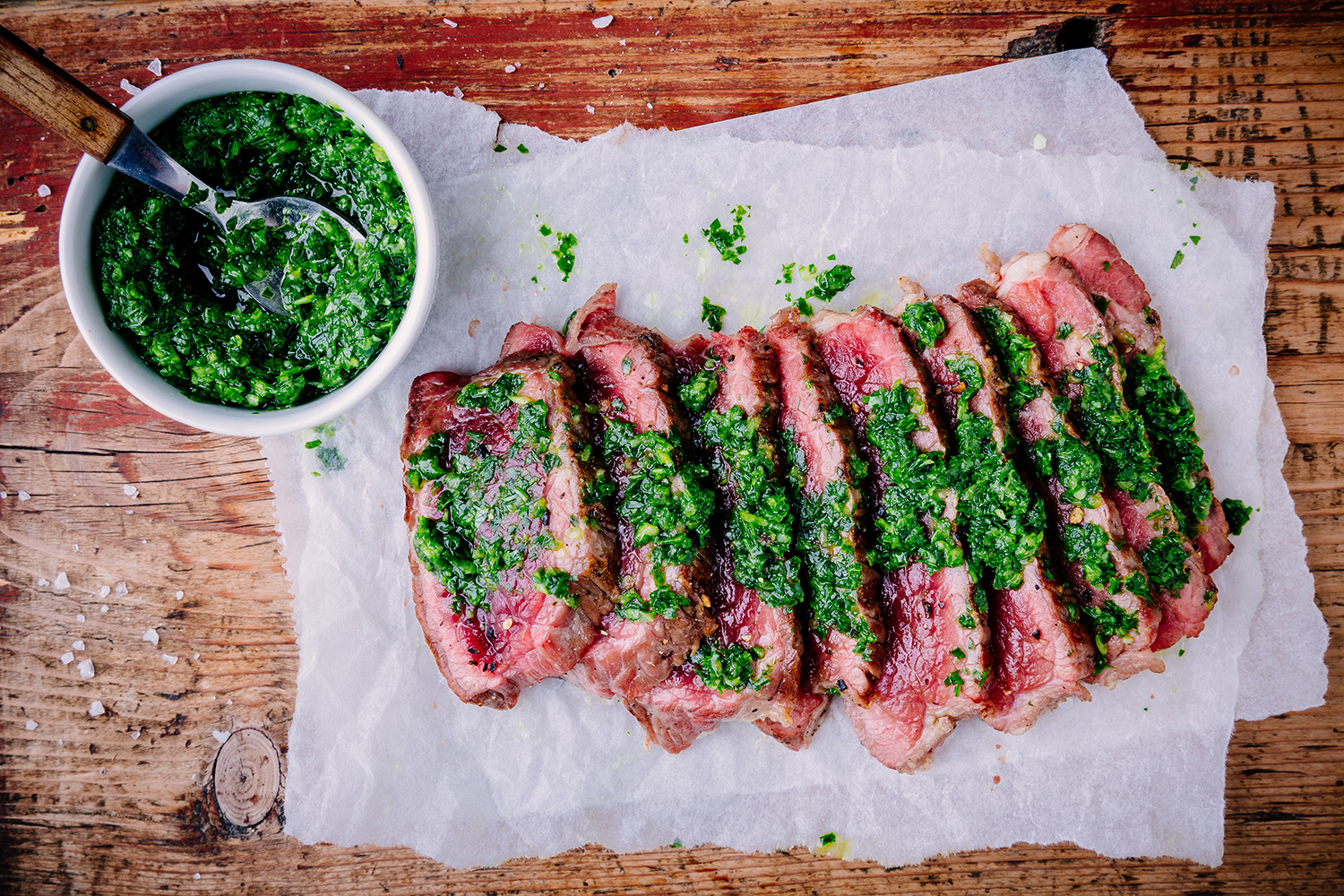 Chimichurris sauce with steak.