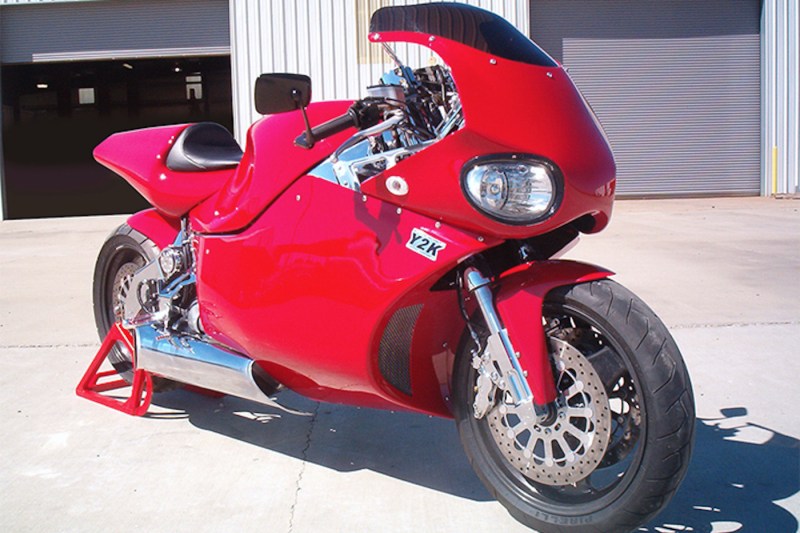 Red 2000 MTT Y2K Superbike in broad daylight.