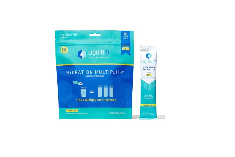 A large pack of Liquid I.V. Hydration Multiplier beside a tube of the same product.